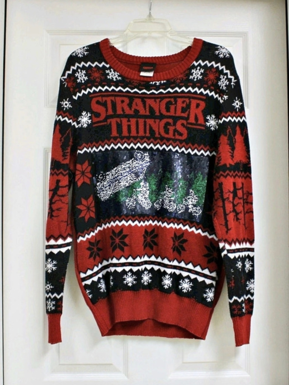 Stranger Things Upside Down Flip Sequin Ugly Christmas Sweater Mens Large